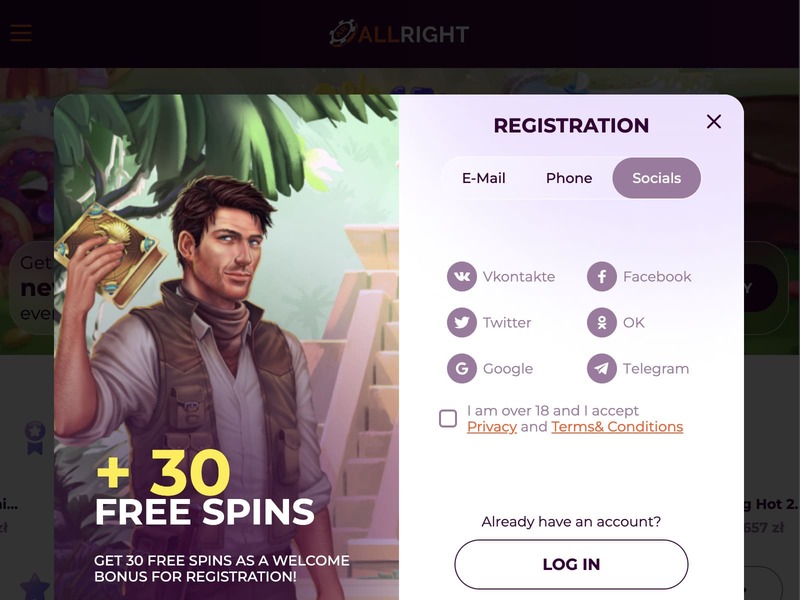 Welcome bonus after registering at AllRight casino